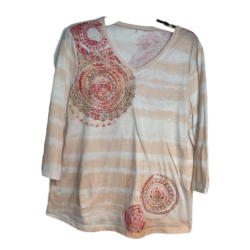 Chicos Moroccan Art Print Boho Pink Blush Rhinestone Top Blouse sz 2 / L (15)